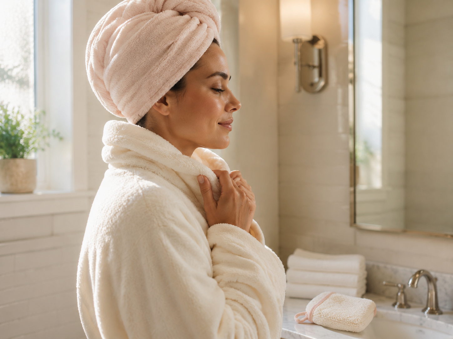 Woman in a white robe and towel wrap pausing after a shower
