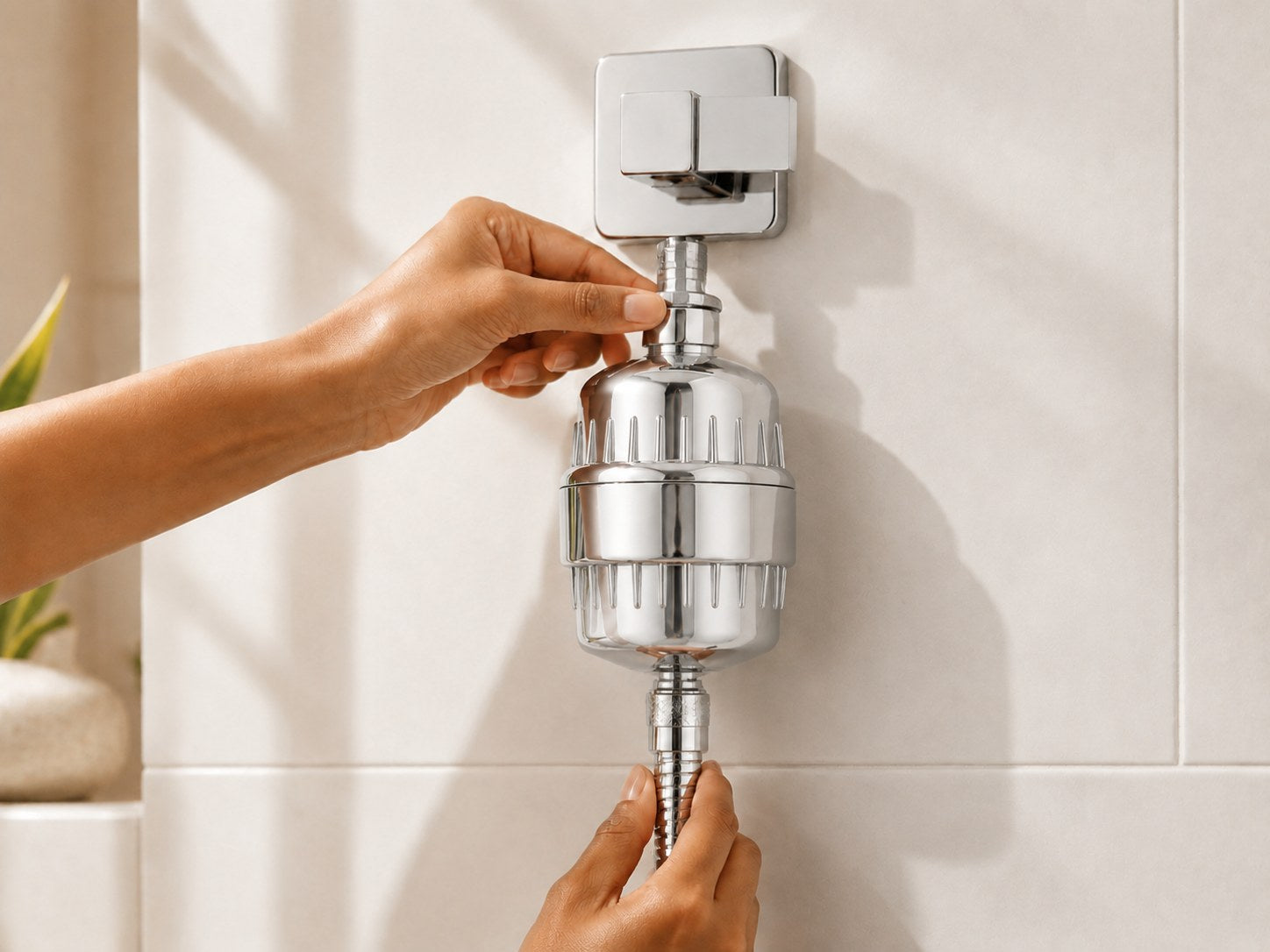 Hands installing the ZymeFresh shower filter between the water outlet and shower hose