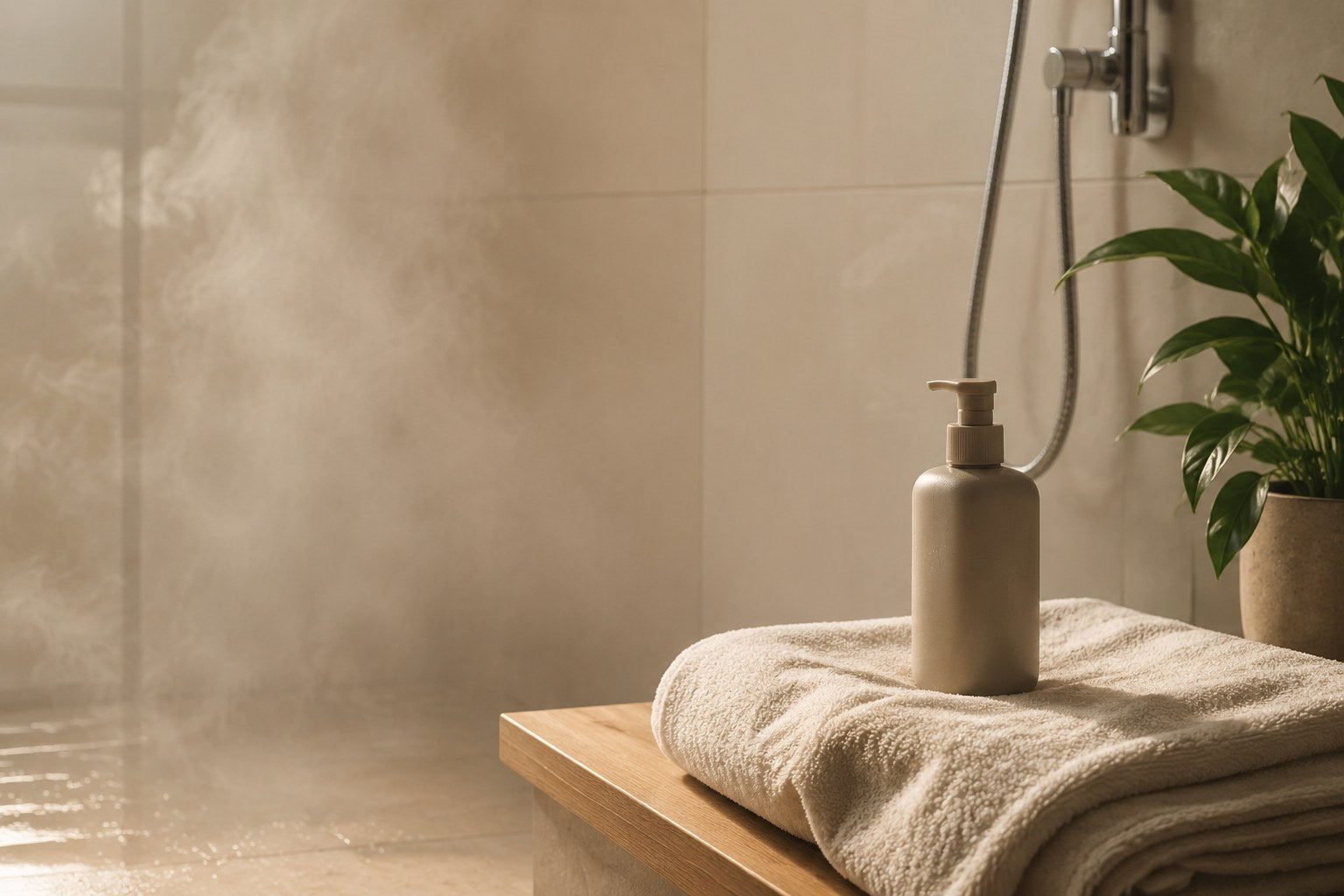 Folded towels and a simple bathroom essential in warm light