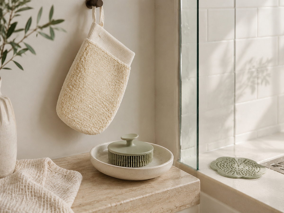 Bath mitt and body tools arranged neatly beside shower glass