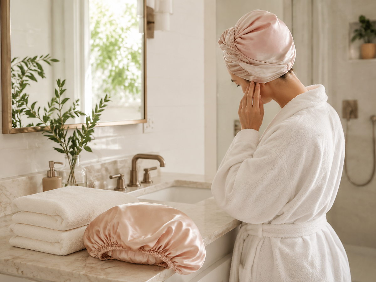 Woman in a white robe wearing a soft satin hair wrap