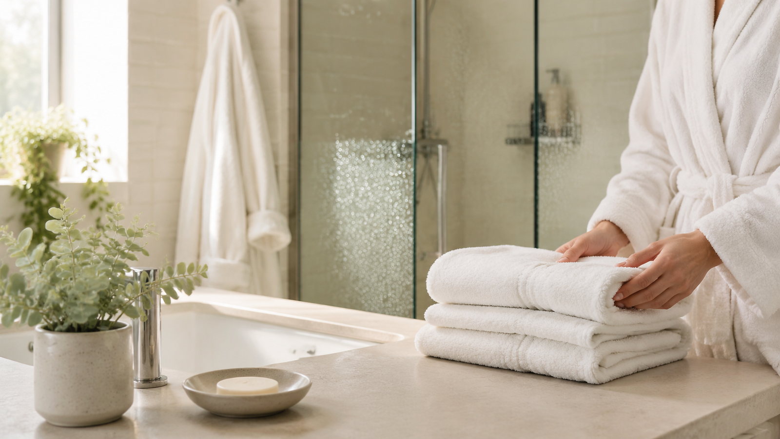 Woman in a white robe arranging folded towels in a calm bathroom