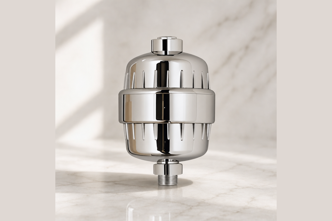 Chrome ZymeFresh in-line shower filter with threaded top and bottom connections