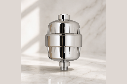 Chrome ZymeFresh in-line shower filter with threaded top and bottom connections